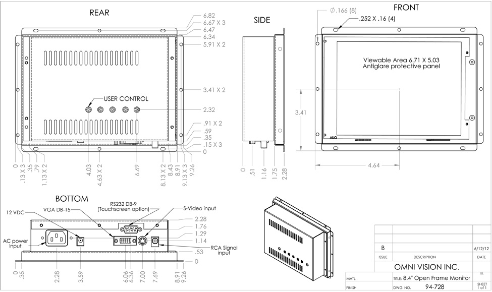 Industrial TFT Color LCD Display Monitors 8.4" Open Frame Models top and bottom flanges drawing